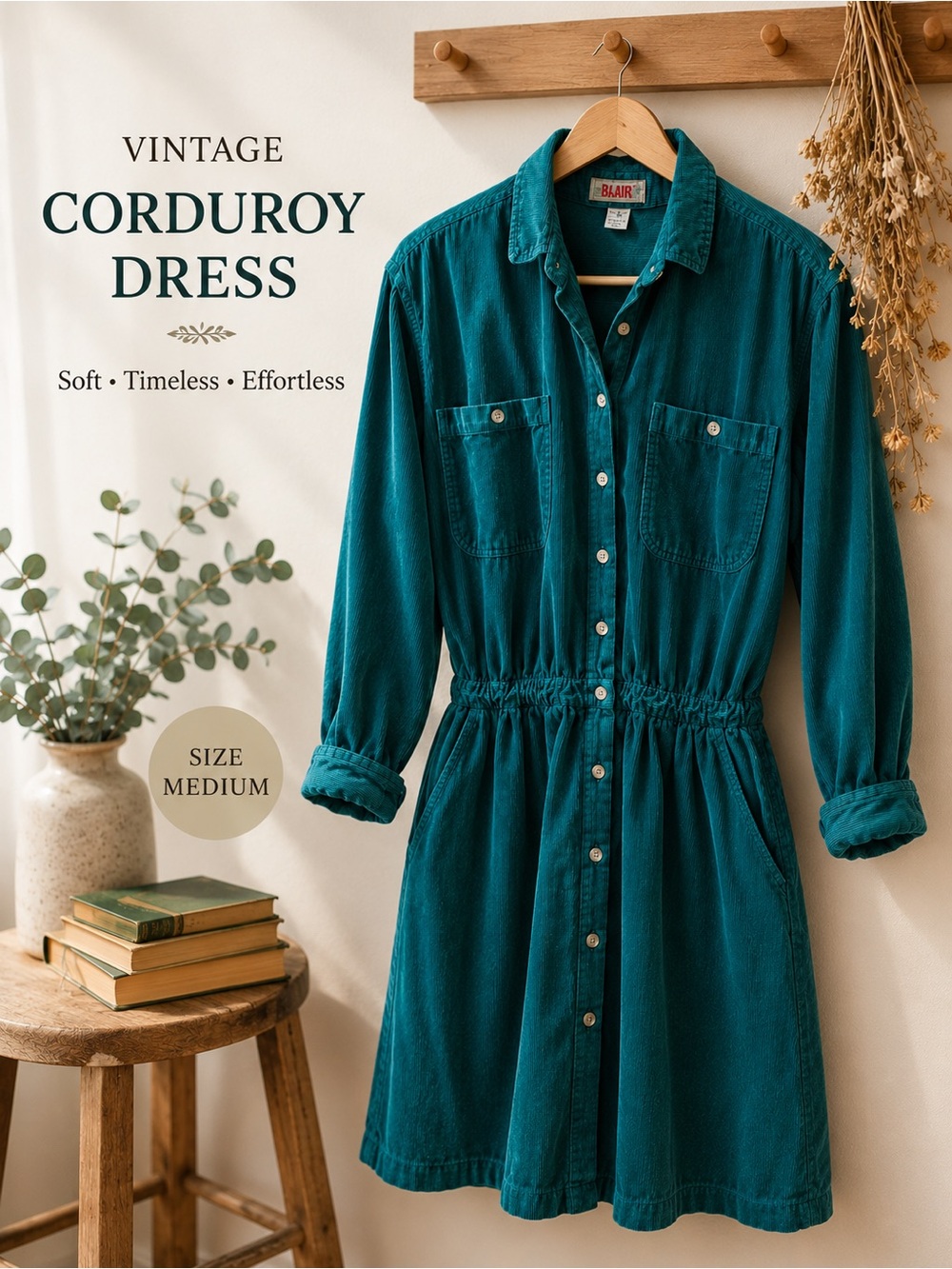 Vintage Emerald Green Corduroy Shirt Dress | Size M